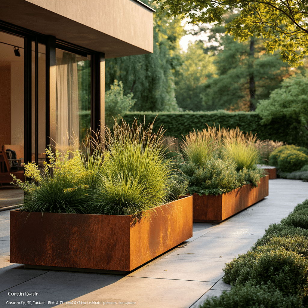 Cortenstahl Pflanzgefäße in einem modernen privaten Schweizer Garten2