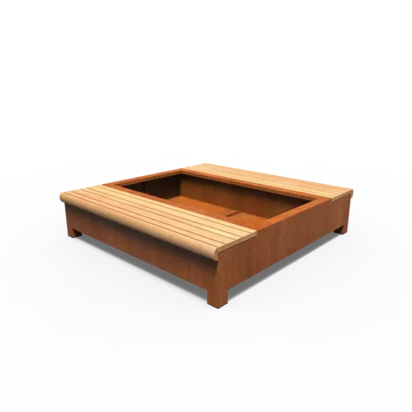 AROS Doppelsitzbank mit Pflanzgefäß aus Cortenstahl 2000x2000x450