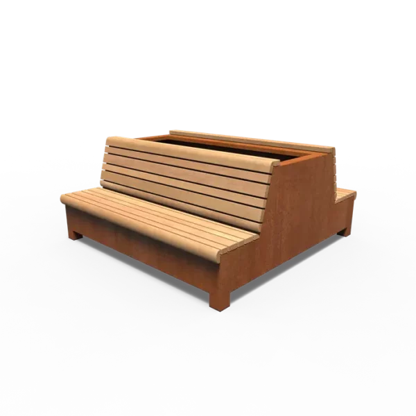 AROS Doppelsitzbank mit Rückenlehne und Pflanzgefäß aus Cortenstahl 2000x2000x900