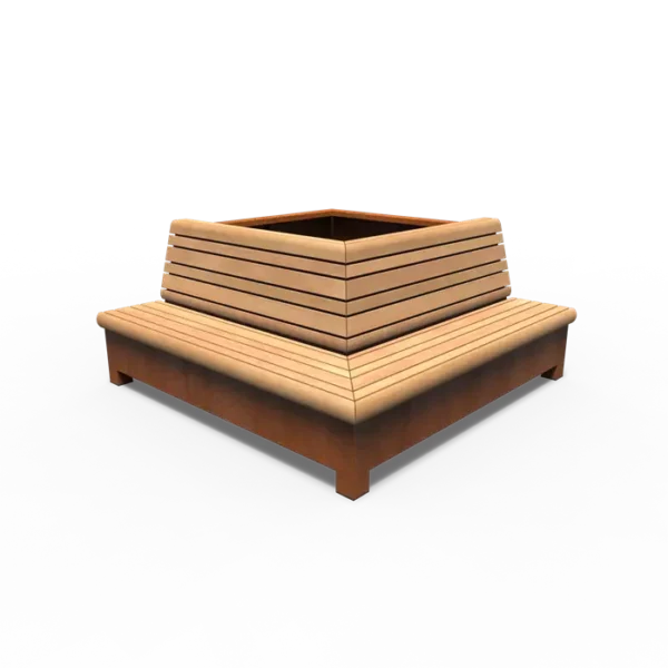 AROS Eckbank mit Pflanzgefäß aus Cortenstahl 2000x2000x900