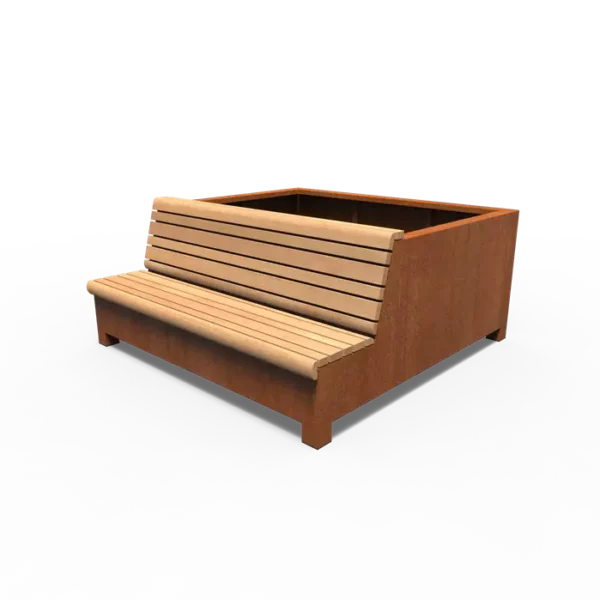 AROS Sitzbank mit Pflanzgefäß aus Cortenstahl 2000x2000x900