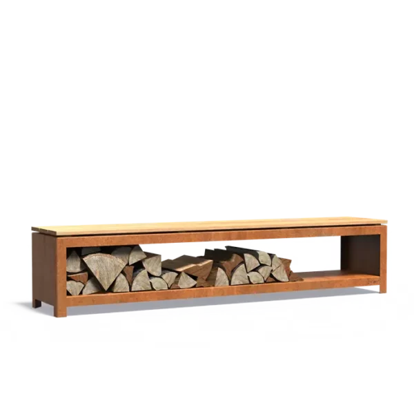 LOGG SEAT Kaminholzregal mit Sitzfläche aus Cortenstahl 2000x400x424