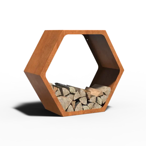 HEX Holzlager aus Cortenstahl zur modernen Aufbewahrung von Brennholz im Außenbereich